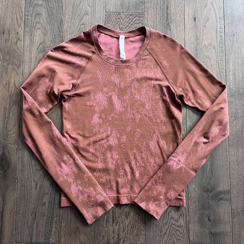 Lululemon Swiftly Tech 2.0 LS Top Size 4 Brown Pink Camo Race Length Athletic - Picture 2 of 7